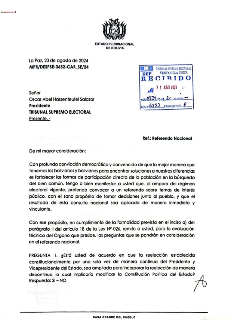 Presidente Arce envía al TSE preguntas del referéndum para definir la subvención de hidrocarburos, reelección y escaños